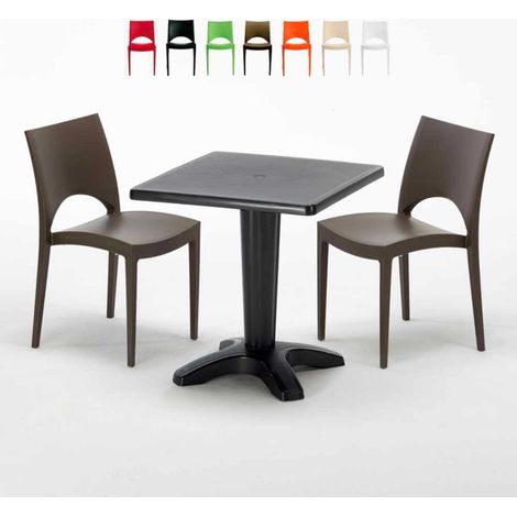 Table Carrée Noire 70x70cm Avec 2 Chaises Colorées Grand Soleil Set Bar Café Paris Aia - Marron