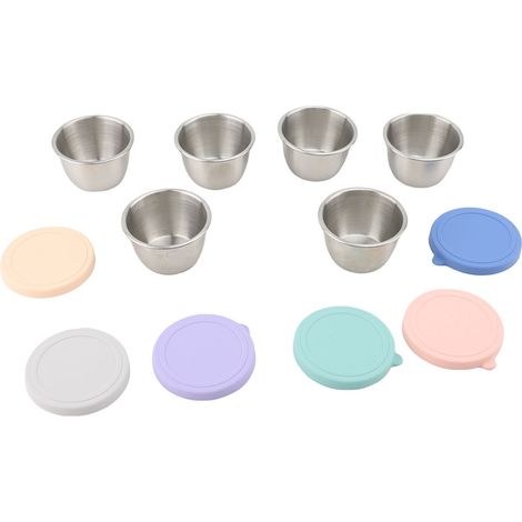 6 pièces récipients à vinaigrette 70 ml anti-fuite tasses à condiments réutilisables en acier inoxydable 304 avec couvercles en silicone pour pique-nique barbecue couleurs macarons. (1/4)