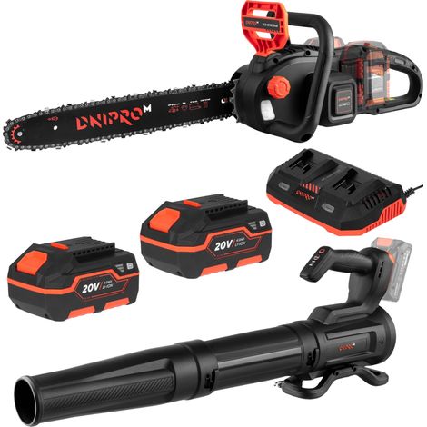 Offre anniversaire Dnipro-M : Kit tronçonneuse et souffleur, chargeur double et 2 batteries 4 Ah