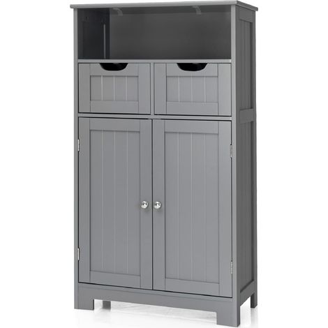 COSTWAY Bathroom Floor Cabinet Wooden Free Standing Storage Cupboard w/ Adjustable Shelf Grey (1/5)
