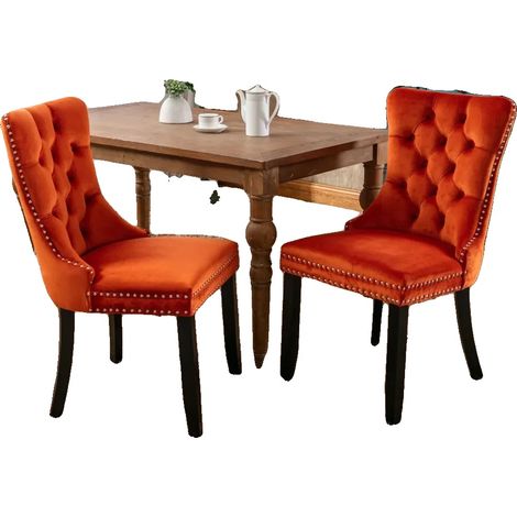 Chaise de salle à manger, Tissu en velours, Pieds en bois massif, CQY-orange (1/2)