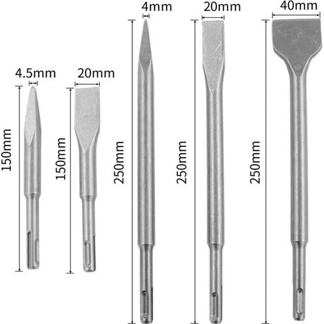 Jeu de 5 burins plats/pointus SDS Plus pour marteau perforateur électrique, idéal pour le fendage de carrelage, béton et maçonnerie. (1/3)