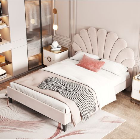 Lit 2 places 140x200 cm velours beige avec sommier à lattes, sans matelas - CHICFURN (1/5)
