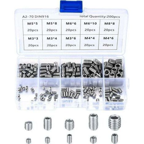 Vis Sans Tête en Acier Inox, M3 M4 M5 M6 M8 Vis à Métaux, Assortiment Kit de Fixations Vis Pointeau(200Pcs)- (1/4)