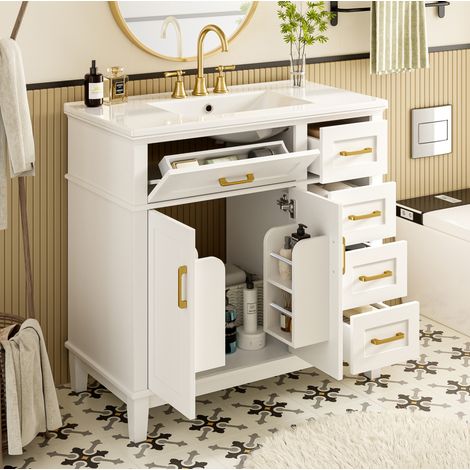 Mueble baño con lavabo cerámica blanco 90x46x87 cm OKMYHOME (1/5)
