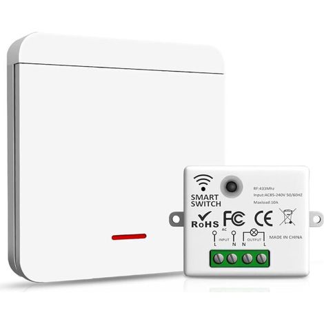 Interrupteur sans fil 433MHz – 1 interrupteur et 1 récepteur 10A, installation facile, interrupteur radio sans fil et sans pile, télécommande d’éclairage à distance pour usage domestique (1/5)