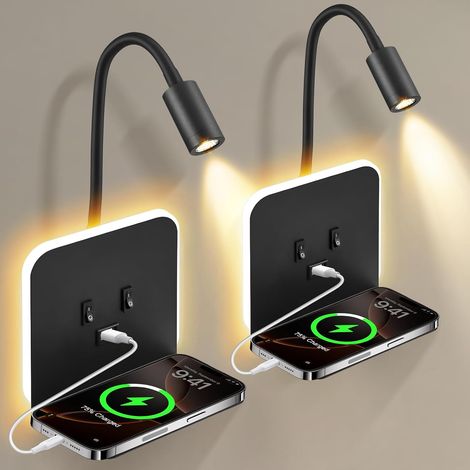Applique Murale Intérieure LED, Liseuse de chevet LED avec Interrupteur Port USB, Plateau, 360°Réglable Applique Murale Lampe de Lecture de Chevet, Cou Flexible Lampe de Lecture, Lumières Murale(B) (1/5)