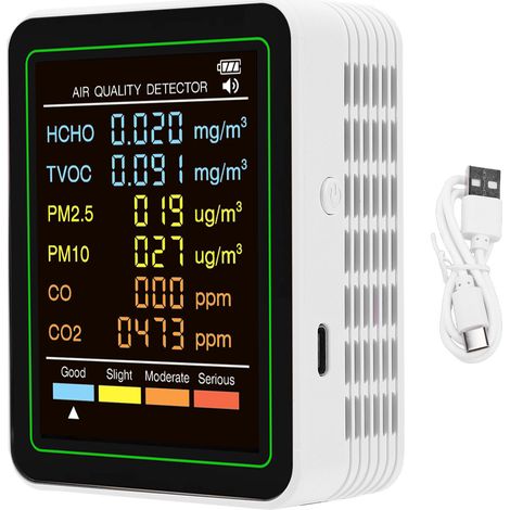 Détecteur de qualité de l'air 6 en 1, capteur infrarouge CO CO2 TVOC HCHO PM2.5 PM10, écran couleur LED, testeur d'intérieur blanc (1/5)