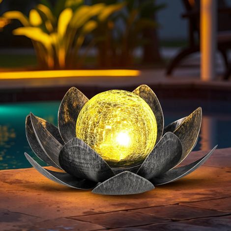 Lampes solaires d'extérieur en Forme de Pétale de Lotus en métal - Lanterne en Verre Craquelé - Étanche - pour Terrasse, Pelouse, Allée, étang (Gris) (1/5)