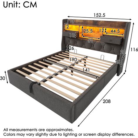 Lit rembourré 140x190 cm avec rangement hydraulique et tête de lit LED, 4 stations de charge (USB/Type-C), lit double avec sommier à lattes, tissu en lin gris (matelas non inclus) (1/4)