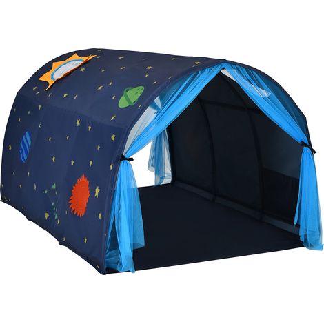 Tente de jeu pour enfant bleue en tissu doux avec rideaux en filet, fenêtres aérées et poches, portable pour chambre (1/5)