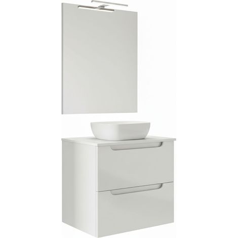 Kibath Mueble de baño con Lavabo, Espejo y Aplique LED VICTORIA 60x45 cm acabado Blanco mate 2 cajones suspendido