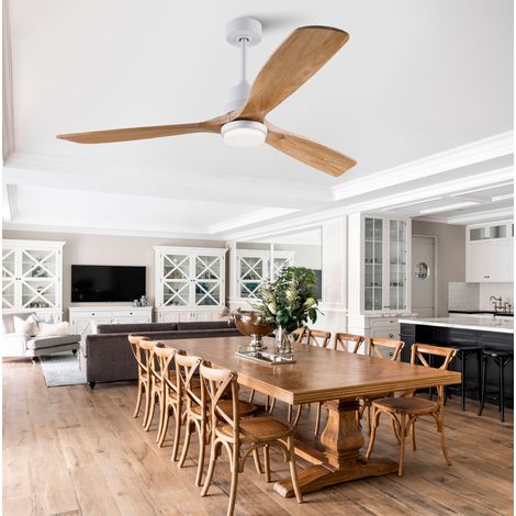 Ventilatore da soffitto 60 pollici con telecomando, LED 3CCT, motore DC reversibile, pale in legno naturale bianco (1/5)