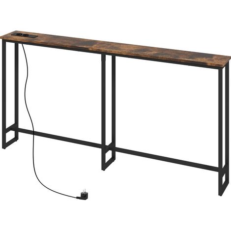 Table console étroite style industriel avec prises de courant et USB, pour salon entrée couloir, 160x20x80cm, marron (1/5)
