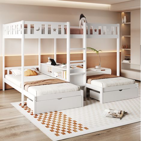 DESVIAE Lit superposé triple enfant avec rangement et 2 tiroirs bois blanc 90 x 200 140 x 200 (1/4)