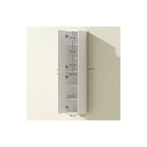 Armoire de salle de bain murale, surface laquée, 6 étagères, MDF, blanc (1/5)