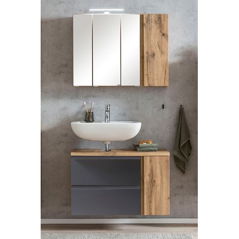 Waschbeckenunterschrank, links, mit Spiegelschrank, 85cm, LED Beleuchtung, VASTO-03-GREY, Wotan Eiche Nb. mit grau matt, B/H/T ca. 85/200/35 cm (1/5)