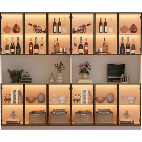ELVMI Vitrina Alta con 12 Puertas de Cristal y LED Regulable por Aplicación, para Salón, MDF, 240 x 34 x 200 cm, Blanco (1/5)