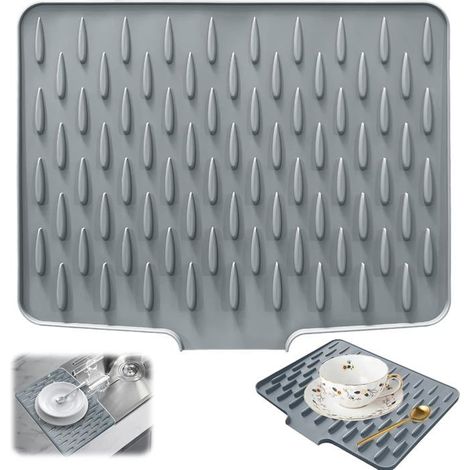 Tapis d'égouttage en silicone 40 x 32,5 cm avec bec verseur, antidérapant, anti-fuite pour fruits, légumes et plats chauds. (1/4)