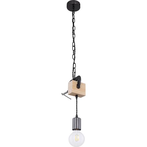 Holzleuchte Pendellampe Vintage Hängeleuchte Retrolampe Esszimmer, Holzbalken naturfarben Metall schwarz, 1x E27 Fassung, HxLxB 120x14x10cm