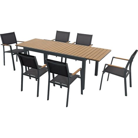 Salle à manger de jardin en aluminium et polywood : une table extensible L.170/230 cm et 6 fauteuils empilables - Naturel clair et anthracite - MACILA de MYLIA