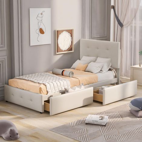 Letto singolo 90x200 cm con cassetti, struttura imbottita stile scandinavo con rete a doghe, velluto, beige