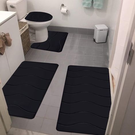 Tapis De Bain - Mousse À Mémoire De Forme - Absorbant Eau Non Glissant - Pour Salle De Bain Et Toilettes - Lot De 4 Pièces (1/5)