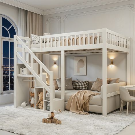 VASIEN –Lit superposé enfant 140x200 en bois massif – Lit Mezzanine 140x200 –Garde-corps antichute – Escalier de rangement et Sommier à Lattes– Espace ouvert personnalisable pour chambre d'enfant,Blan (1/5)