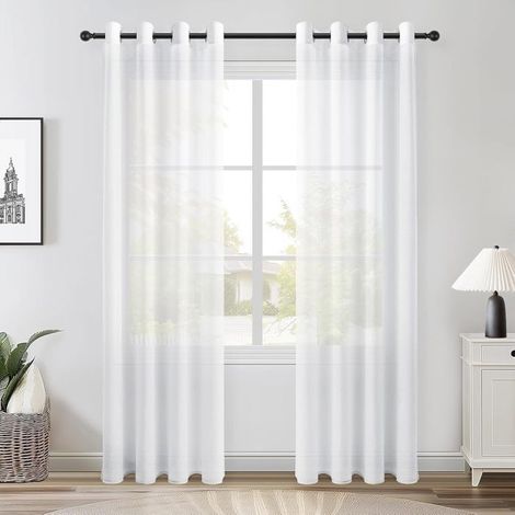 Rideaux Voilage Blanc 140x235cm(Largeur x Hauteur)en Effet Lin - Rideau Oeillets Decor Salon Semi-Transparent Lot de 2