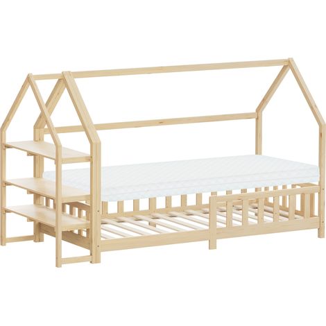 ML-Design Letto a Casetta 90x200 cm per Bambini, Naturale, in Legno di Pino, con Materasso 10 cm, Protezione Anticaduta e Libreria Integrata, Tetto e Rete a Doghe, Letto a Terra Style Montessori