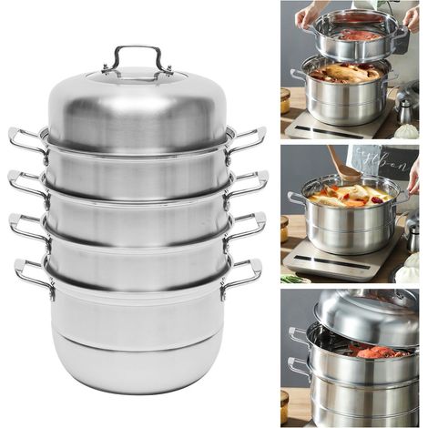 Hervidor de vapor de 32,5 cm, hervidor de vapor de 5 etapas de acero inoxidable 304 con tapa de cristal (1/5)
