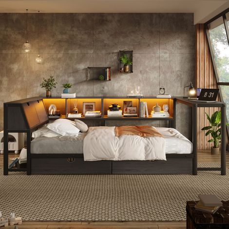Lit enfant 90x200 cm avec bureau intégré, Rangement avec tiroirs et tête de lit, Éclairage LED, Structure métal, Noir (1/5)