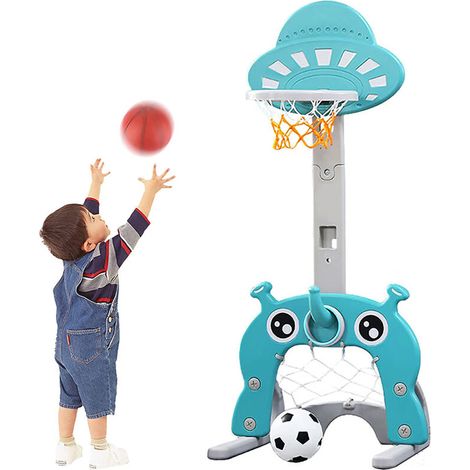 3-en-1 Panier de Basket Exterieur Intérieur Basket-Ball, Soccer, Lancer d'anneaux pour Enfant Trois Ans et Plus Bleu (1/5)