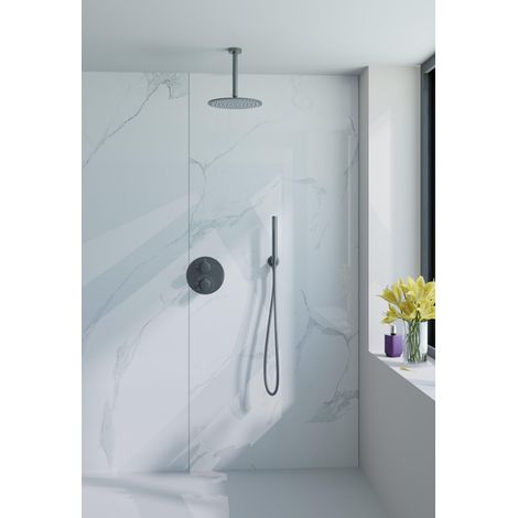 FugaFlow Eccelente Acces Ensemble de douche de tête encastré - rond - thermostatique - bras de plafond - pomme de tête 25cm - douchette à main sur (1/5)