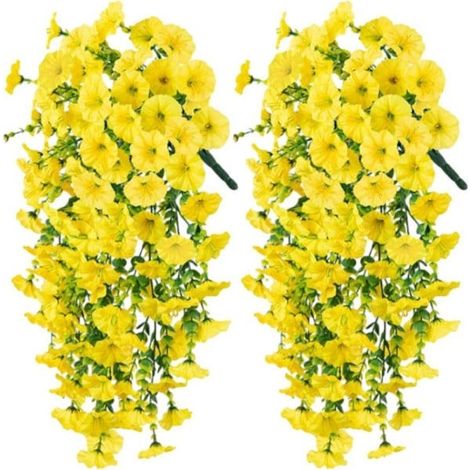 Lot de 2 fleurs artificielles suspendues résistantes aux UV - Guirlandes de fleurs de jour de 75 cm, réalistes pour la décoration du jardin et de la maison, jaune-AquaForge (1/5)