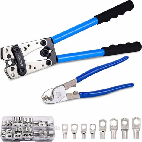 Solsop Batteriekabel-Klemmwerkzeug 6–50 mm² (10–1/0 AWG) für Batteriepole mit Kupferringklemmen, 60-teilig, 8 Größen, und Kabelschneider