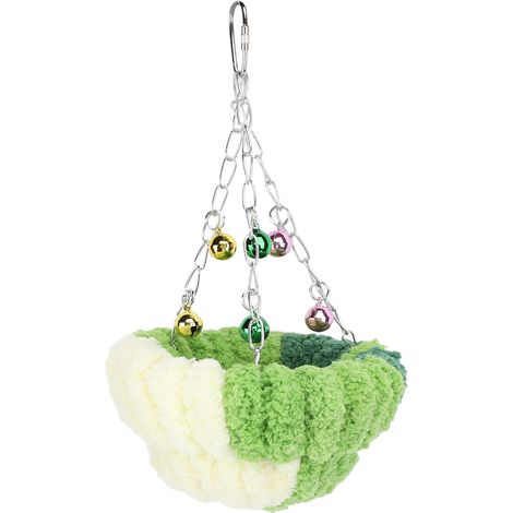 Nid d'oiseau chaud et douillet en peluche douce et mignonne avec clochette et pendentif, idéal pour la reproduction des perroquets, à suspendre au lit ou à la maison, grand format, vert foncé. (1/5)