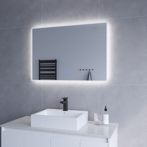 Badezimmerspiegel Wandspiegel mit LED Licht 100x70cm BORAS Typ C  Touch Sensor Dimmbar Antibeschlag Kaltweiß 6400K Warmweiß 3000K  AQUABATOS (1/5)