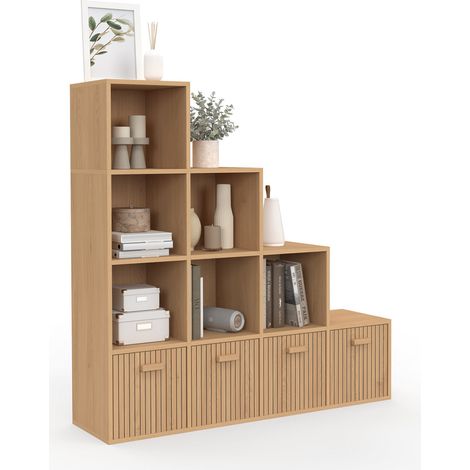 Idmarket – Chiffonnier en escalier LORYS 4 niveaux effet lattes – 4 tiroirs en tissu – Longueur 117 cm x largeur 30 cm x hauteur 117 cm
