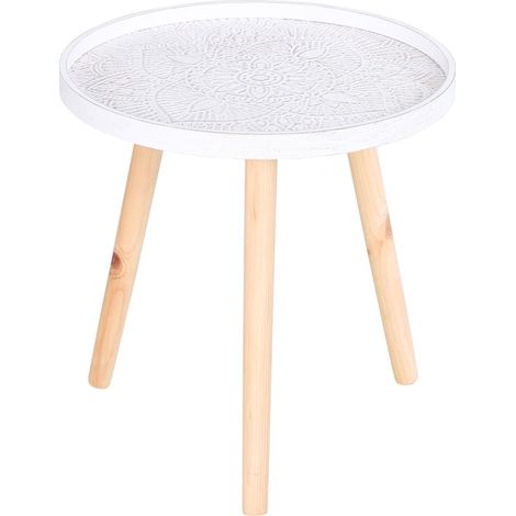 1 table basse ronde, plateau bois blanc avec bord relevé, trois pieds en bois, pour salon ou chambre (1/5)