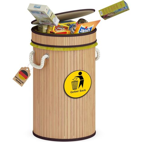 AdelDream Support pour sacs jaunes poubelle en bois anti-odeur pour sacs jaunes poubelle hermétique idéale comme support pour sacs jaunes poubelle pour sacs jaunes de 60L modèle rond (1/5)