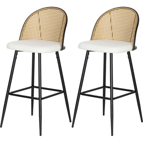 dossier rotin, cadre acier, crème, siège rembourré peau de mouton, repose-pieds, Lot 2 tabourets bar (1/5)