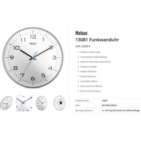 Mebus 13081 Radiocontrollato Orologio radiocontrollato 30 cm Grigio Movimento silenzioso (senza scatti)