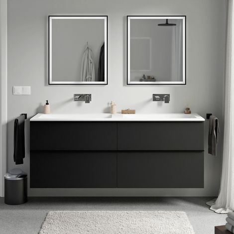 Badmöbel Unterschrank Bernstein LAVOA 160cm mit Mineralguss Waschbecken CREAM Badmöbel: Schwarz matt, Metallgriff: Schwarz matt, Waschbecken: Weiß matt ohne Hahnloch