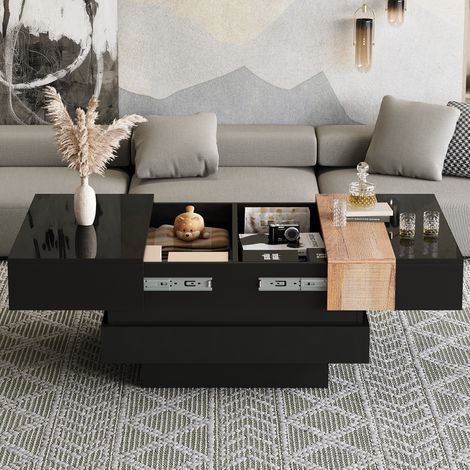 Table basse carrée 70 x 70 x 39 cm avec rangement dissimulé, plateau coulissant, MDF noir HAVRYA (1/5)