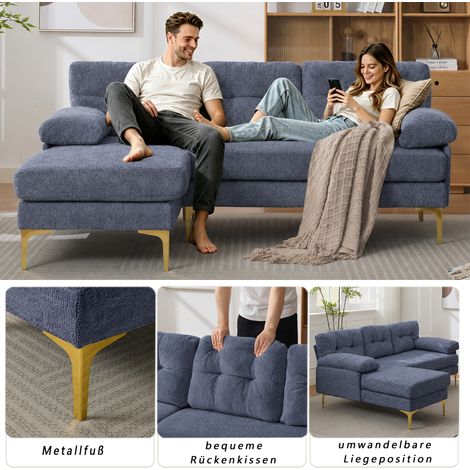 Divano angolare a L 3 posti blu 187,5 cm con chaise longue reversibile in tessuto chenille (1/5)
