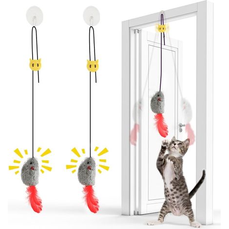 Juguete interactivo para gatos de 2 piezas, ratón colgante con cola de plumas, con ruido y cordón elástico, sin pilas, ideal para jugar de forma independiente.