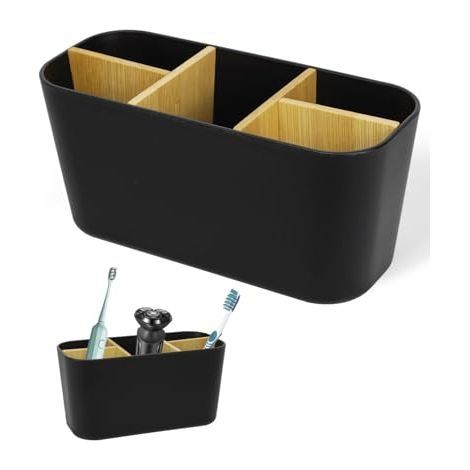 Porte-brosse à dents avec séparateurs en bambou, 5 compartnts, organisateur de salle de bain pour brosse à dents électrique, porte-brosse à dents (noir) (1/5)