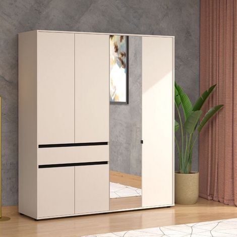 Großer Kleiderschrank, Schlafzimmerschrank mit 4 Regalböden, 1 Schublade, Kleiderstange, 183x211h cm, Weiß Creme (1/5)