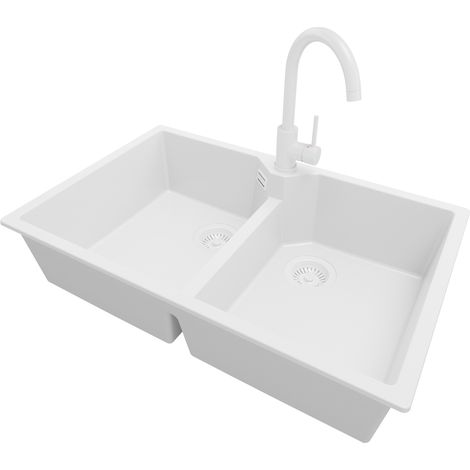 PRIMAGRAN Evier Cuisine en Granit 78x50cm, Lavabo 2 bacs + Robinet 32x20cm + Kit de Vidage, Évier à Encastrer au meuble 80cm - Madrid Twin, Tout Blanc